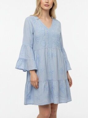 Kyla Seo Handmade Embroidered Light Blue V-Neck Linen Dress Bell Sleeves Size S